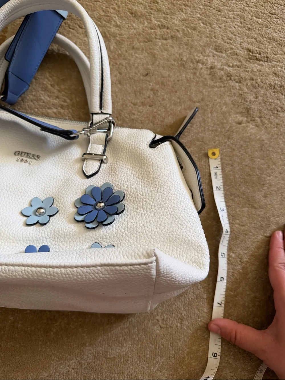 GUESS White Satchel with Blue Floral Accents and Navy Strap